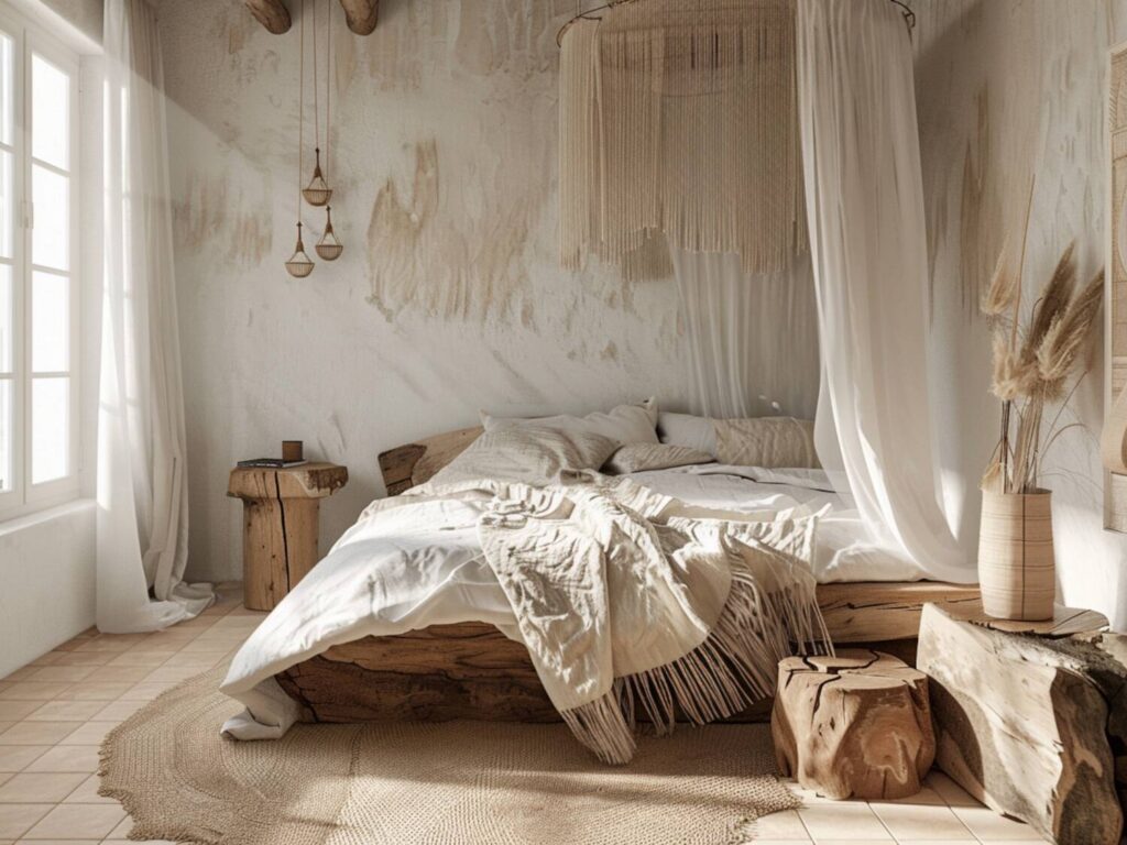 10 inspiracji na urządzenie sypialni w stylu rustykalnym z dodatkami boho.