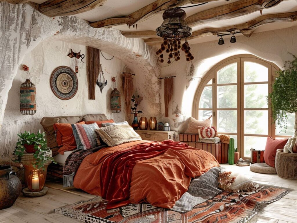 10 inspiracji na urządzenie sypialni w stylu rustykalnym z dodatkami boho.