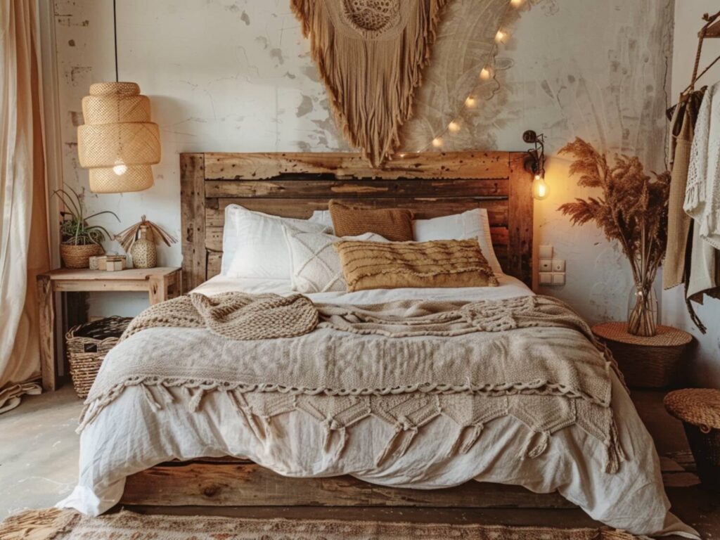 10 inspiracji na urządzenie sypialni w stylu rustykalnym z dodatkami boho.