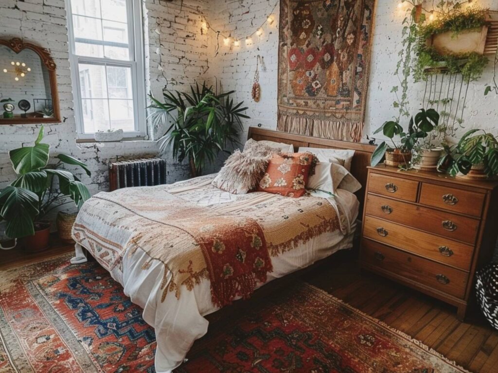 10 inspiracji na urządzenie sypialni w stylu rustykalnym z dodatkami boho.